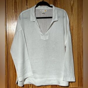 100% Linen White Popover V-Neck Drop Shoulder Relaxed Fit Top